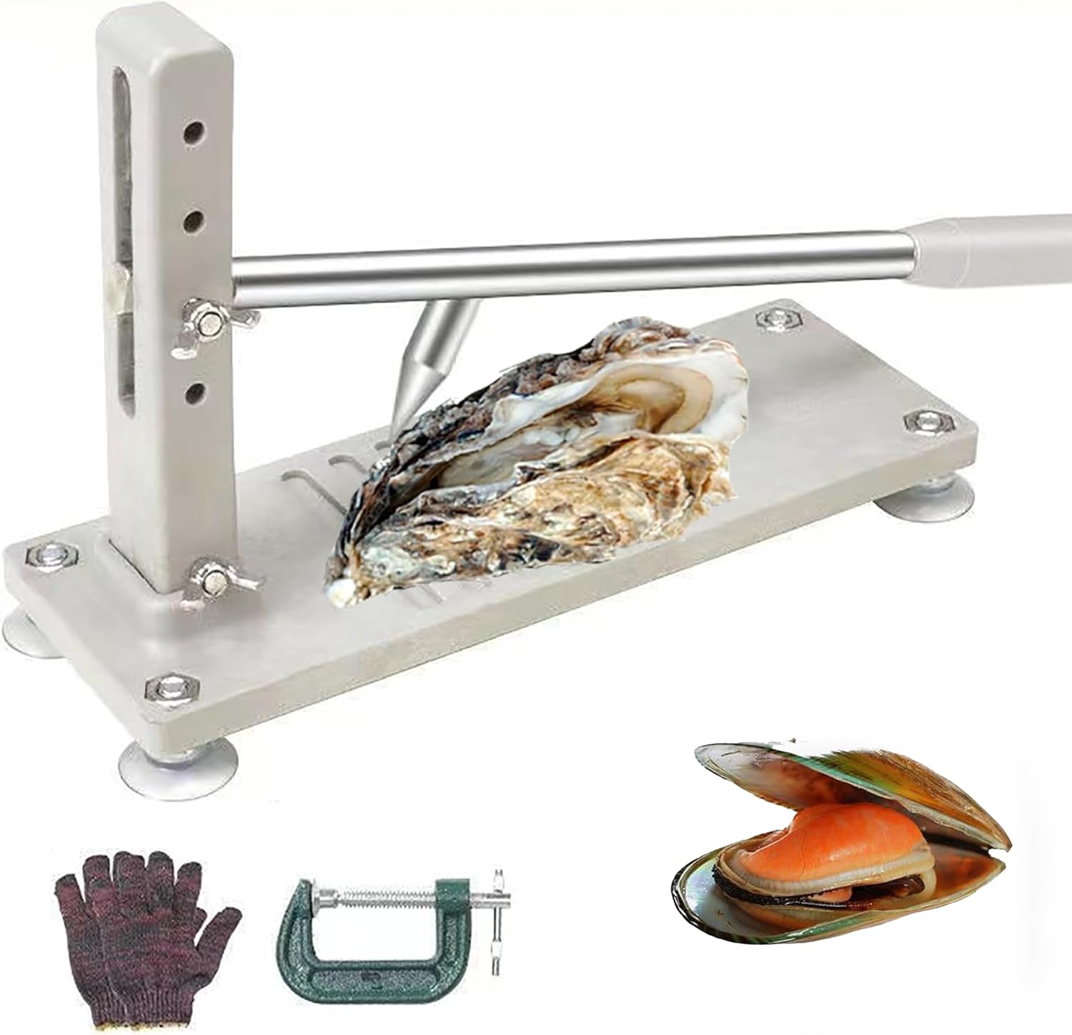 Manual Oyster Shucking Machine, Adjustable Stainless Steel Oyster Shucker Tool with Glove and Securing Clip, Shell Opener Machine for Seafood Market Restaurant