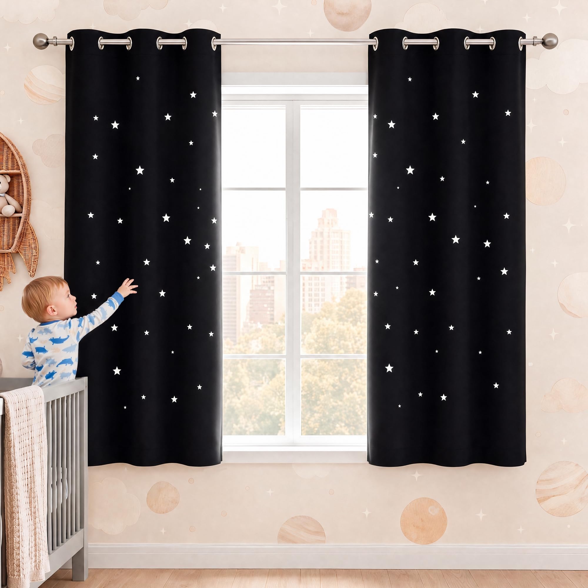 NICETOWN Black Blackout Kids Curtains for Boys Bedroom, 1 PC, W34 x L54