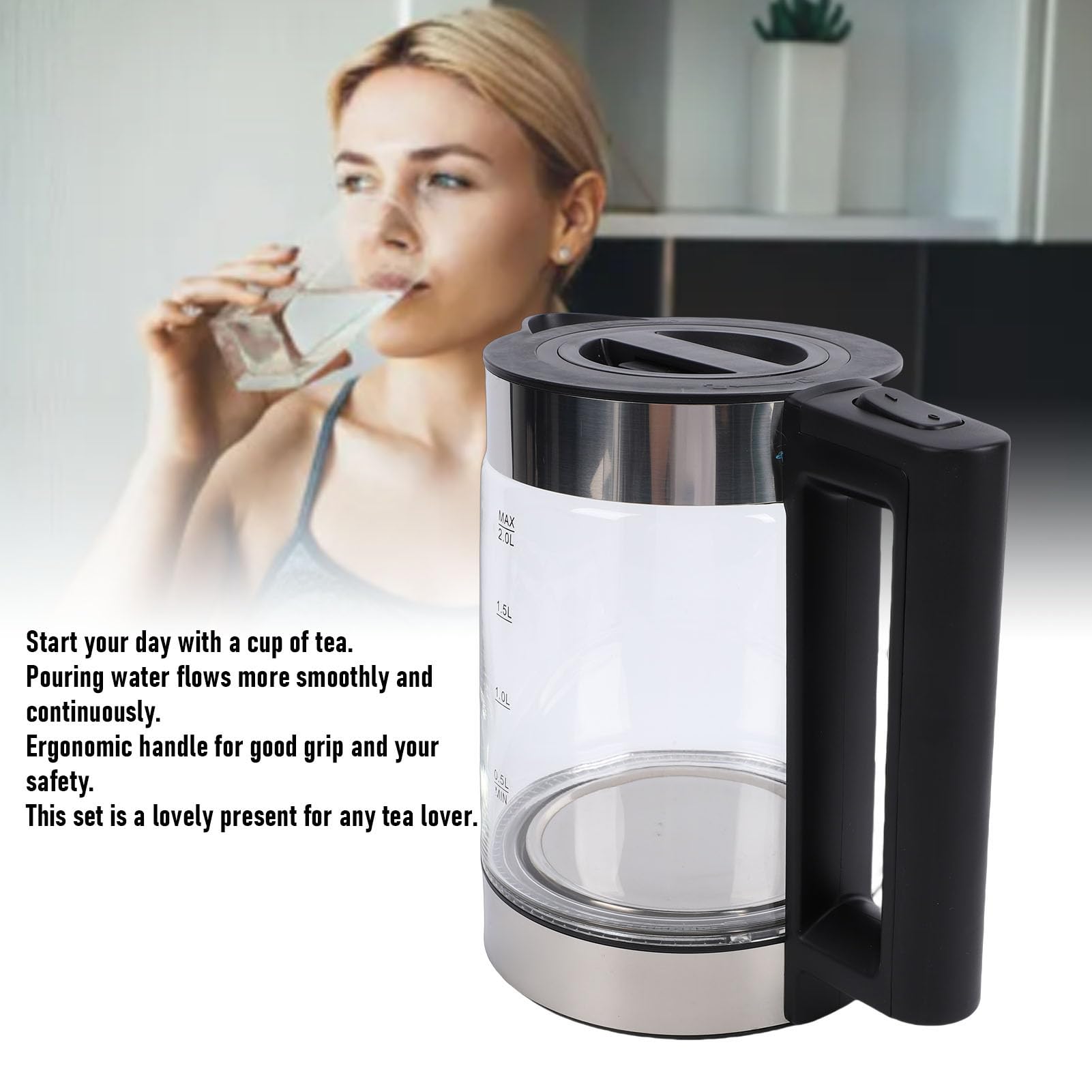 Sonew Tetera Turca Eléctrica para - Infusor de Acero Inoxidable de Ebullición Rápida de 2000 W y Juego de Tetera y de Vidrio de Borosilicato - Hervidor de 2 L con de 0,8 L para Uso Doméstico de