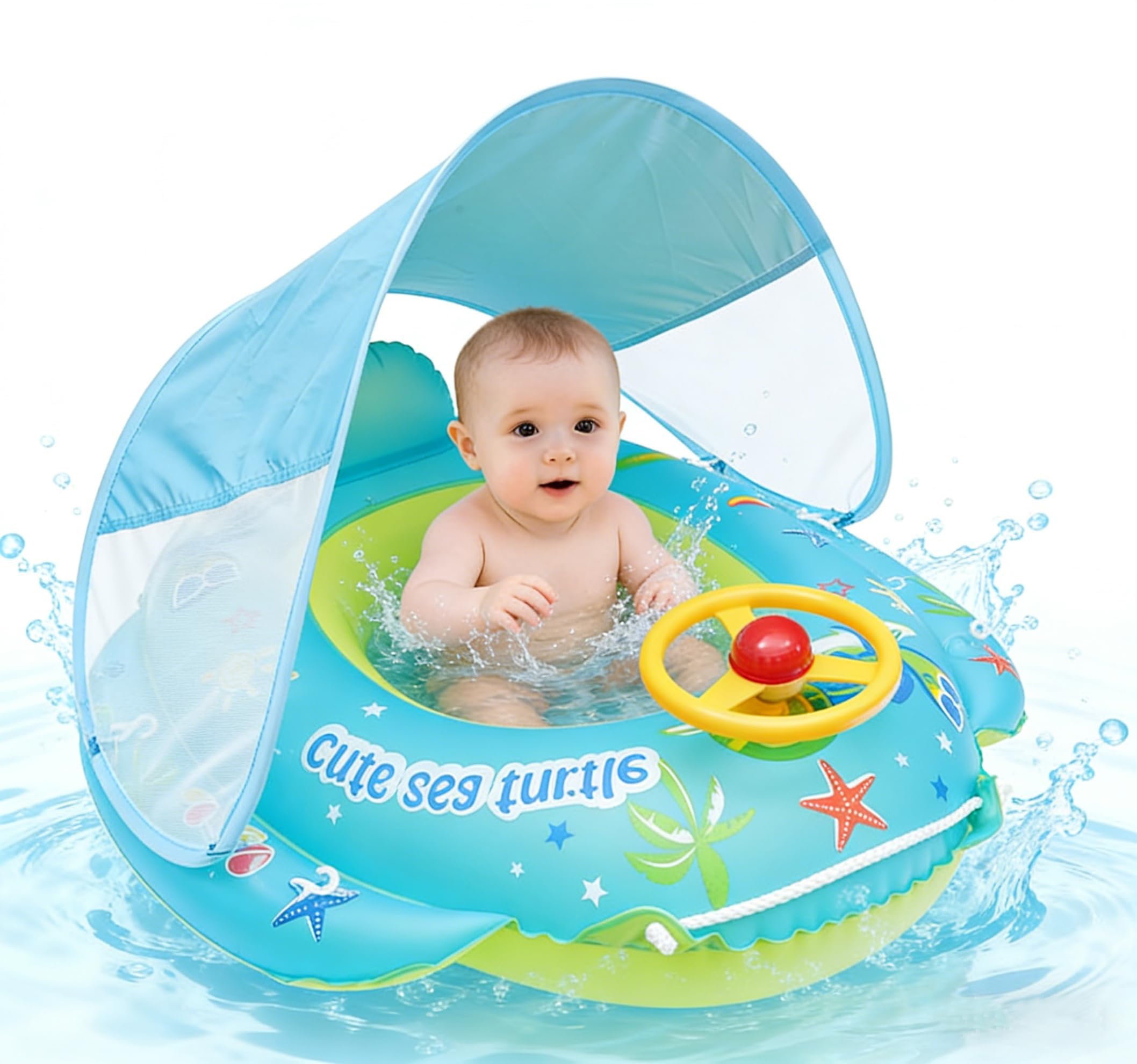 CATCHLUCK Baby Swimming Float, Baby Pool Float with Canopy, Inflatable Baby Swim Ring with Seat 6-12 Months Toddler Swimming Float