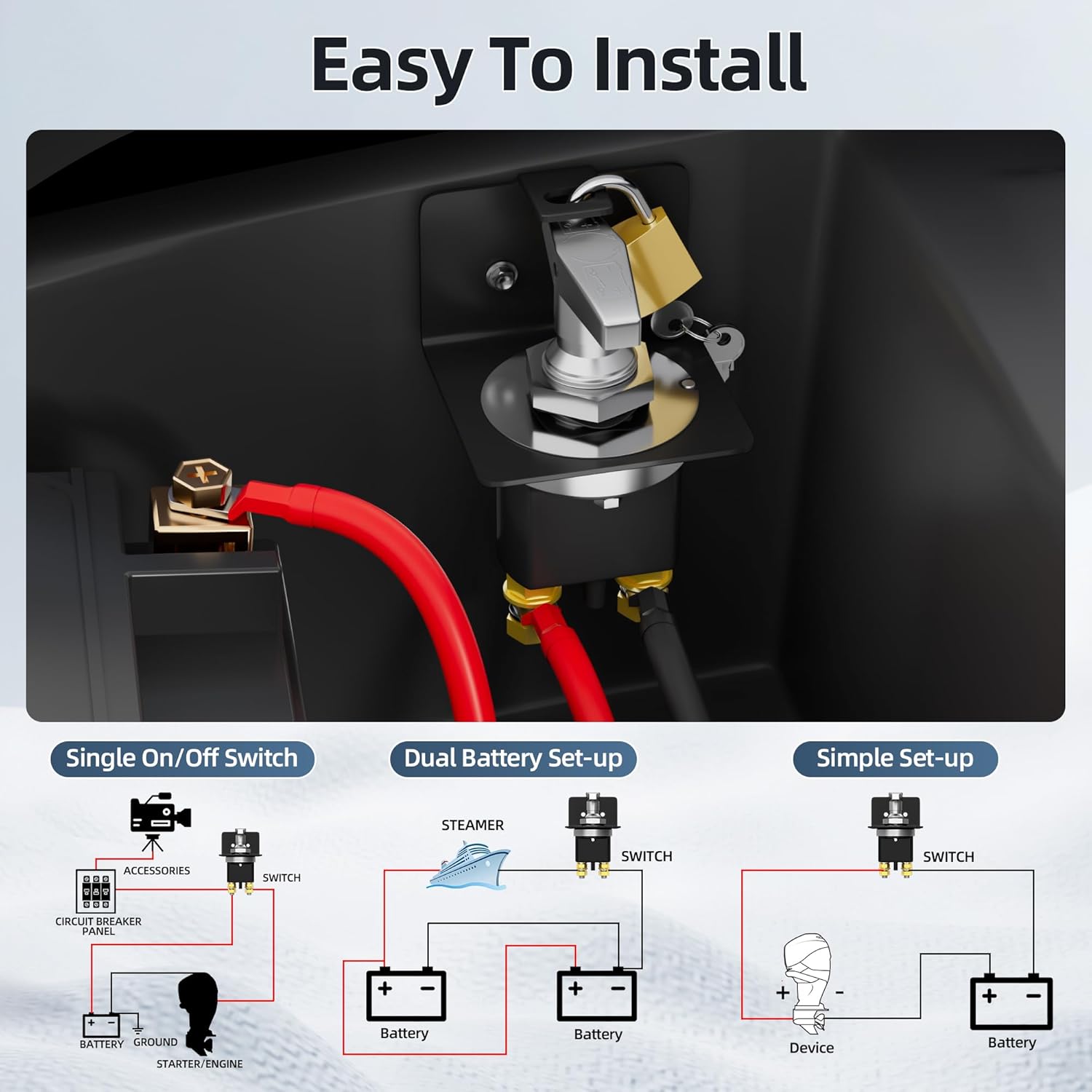 Joinfworld 12V Battery Disconnect Switch with Side Post Mounting Bracket, 200A High Current + 500A Battery Disconnect Switch 12V 36V Heavy Duty with Lockout Plate