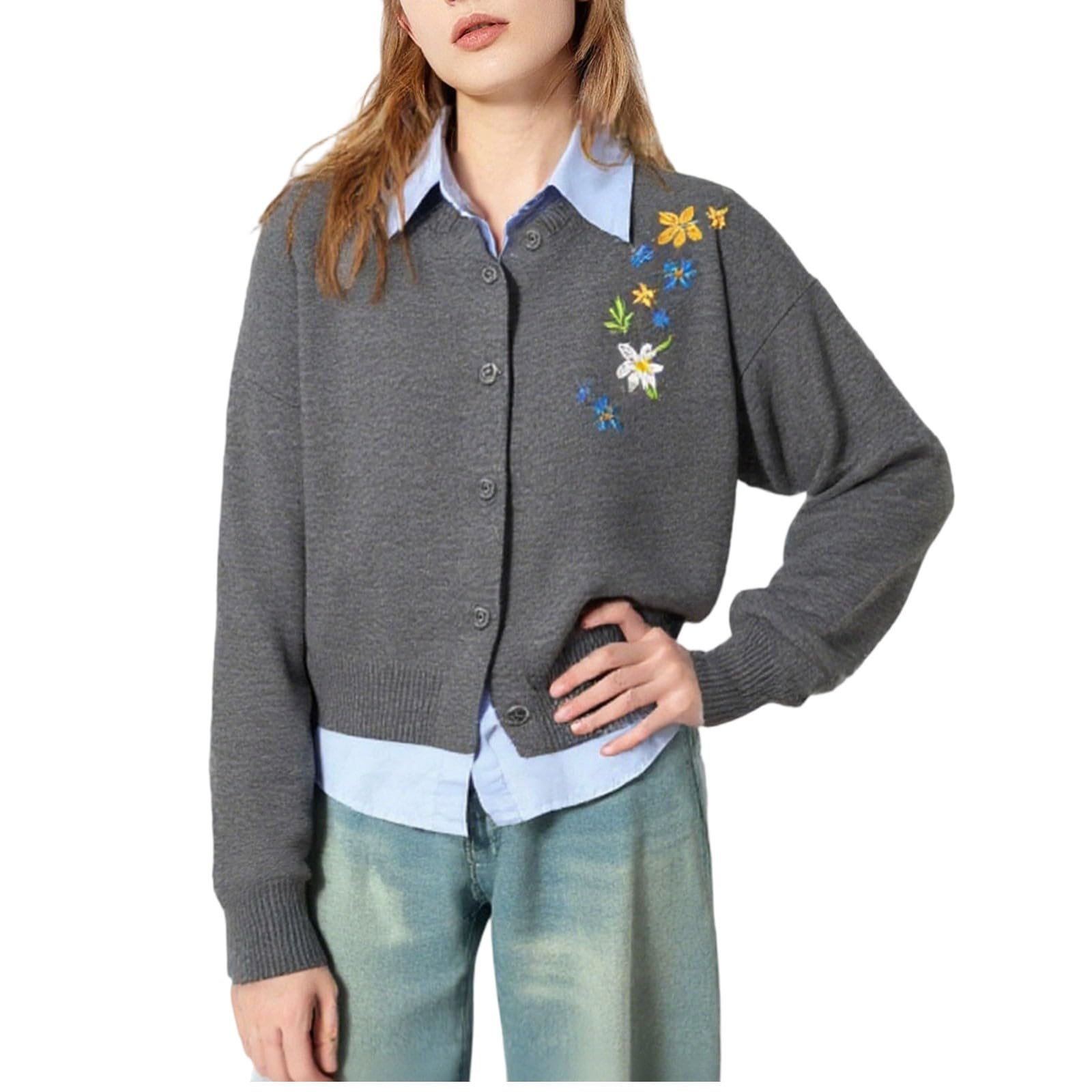 Womens Embroidered Knit Cardigan Sweater Long Sleeve Button Down Casual Cute Preppy Style Soft Fall Winter Tops