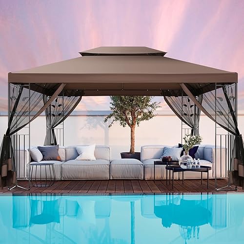 HOTEEL 10x13 Gazebo on Clearance, Outdoor Gazebo Tent with Mosquito Netting and Ventilated Double Flat Roof, All Weather Easy Assembly for Patio, Backyard, Garden (2025 New Model)