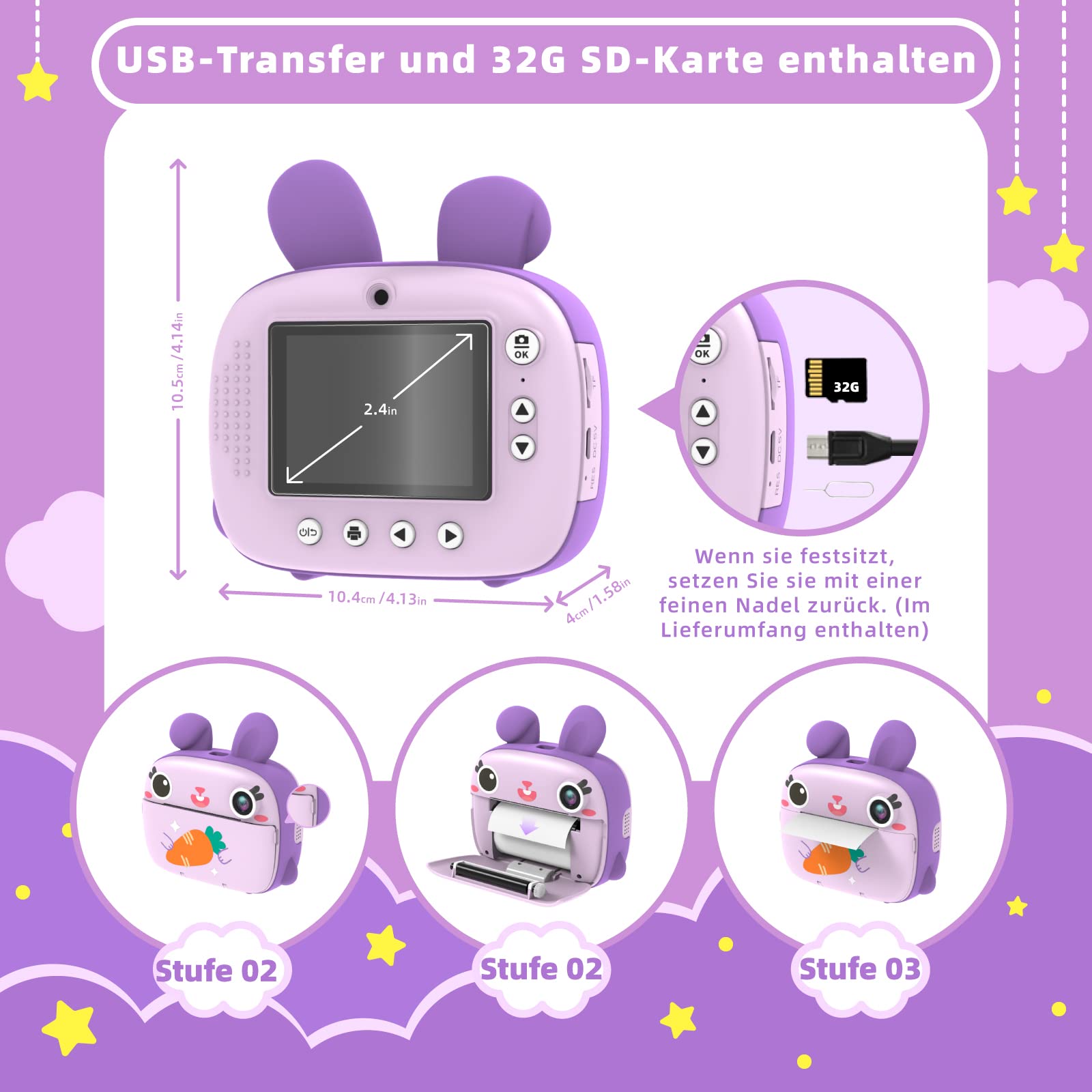 Kinderkamera Sofortbildkamera, CAMCLID Kamera Kinder mit 3 Rollen Thermopapier & 32GB Karte,DigitalKamera & VideoKamera mit 2,4" Bildschirm,Fotokamera Sofortbilder Geschenk für Mädchen Jungen (Lila)