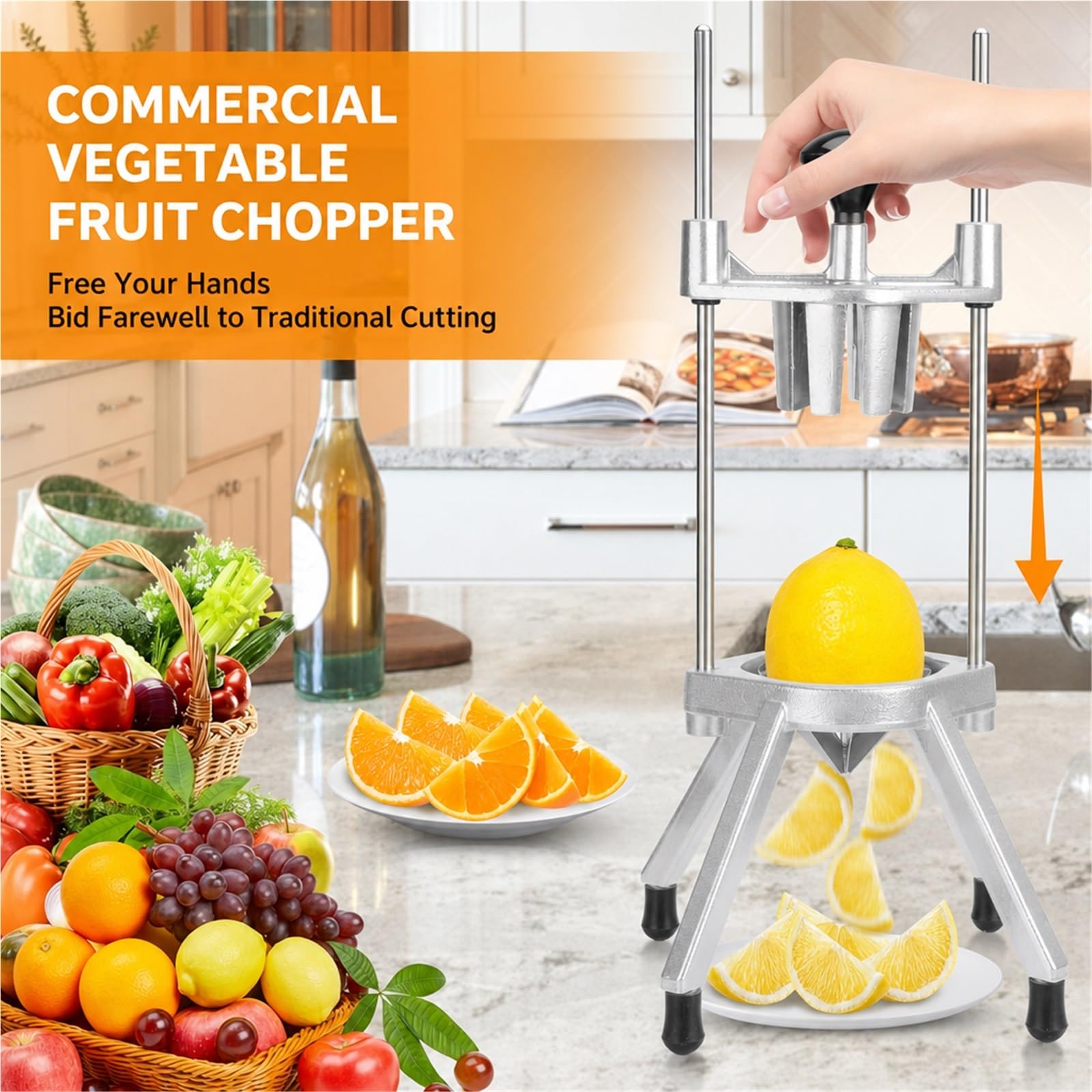 Professioneller Obstschneider, manueller Entsafter für Zitronen, Orangen | V-förmige Edelstahlklingen, Gemüseschneider, für Küche Bar Restaurant, für Orangen, Zwiebeln Zitrusfrüchte(Full Kit)