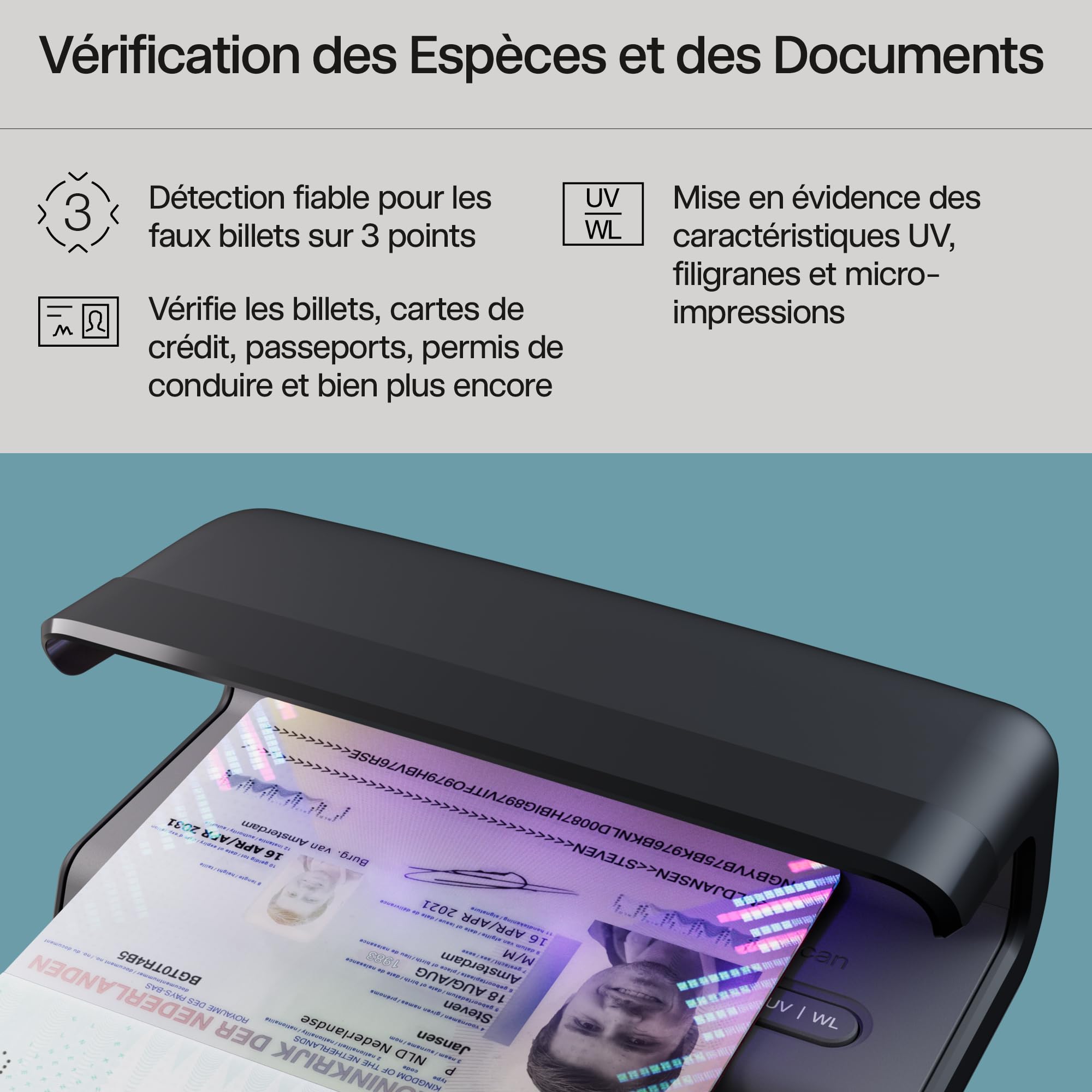 Safescan 75 LED Détecteur de faux billets UV & lumière blanche ultra-lumineuse – Détecteur de faux billet vérifie aussi cartes bancaires et ID – Machine à billet avec triple détection – Détecteur UV