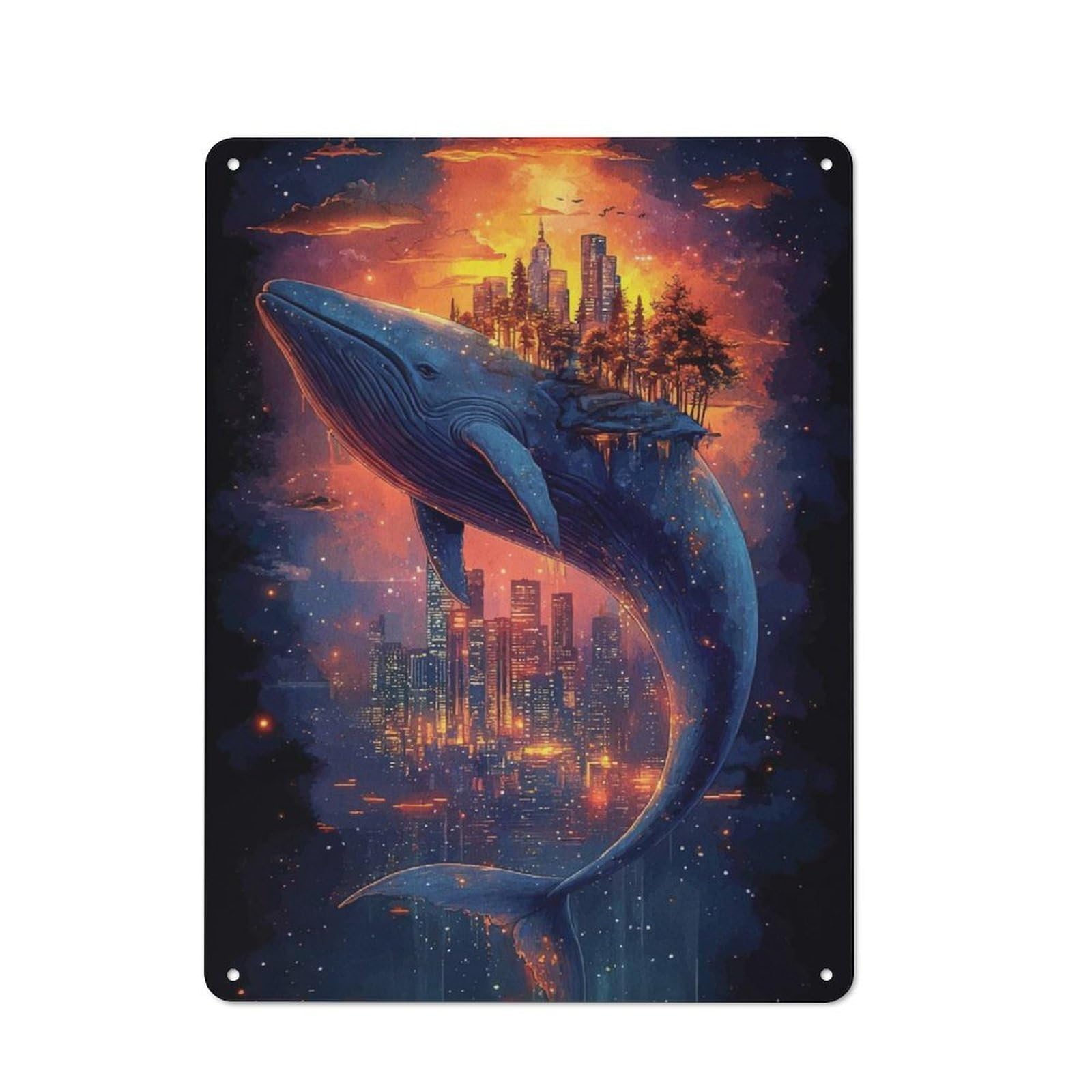 Junmoney Whale Cityscape Fantasy Retro Metal Plaque 40X30cm For Garage Or Workshop, Housewarming Wall Decor For People Furnishing Garage And Workshop