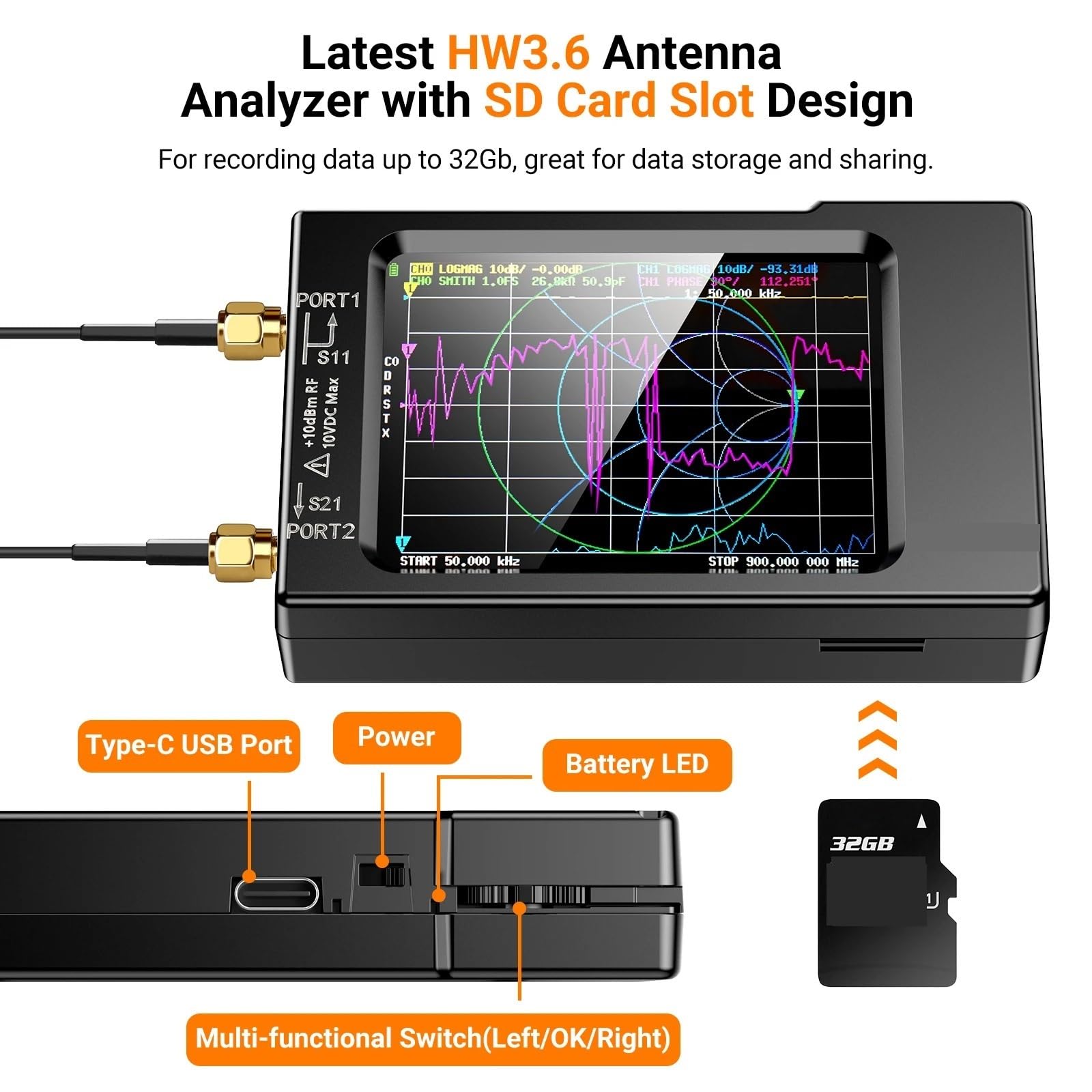Netzwerkanalysator, Vector Network Antennenanalysator 10 KHz-1,5 GHz MF HF VHF UHF mit SD-Kartensteckplatz VNA-H Tester analysator
