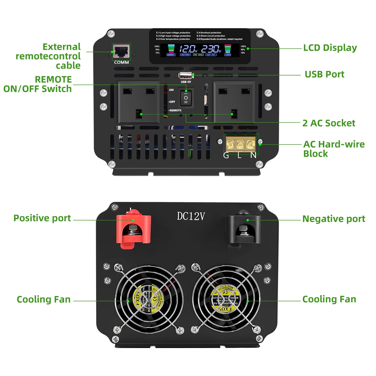 LVYUAN Omvormer 12V 230V 3000W/6000W Spanningsomvormer met draadloze afstandsbediening, 2 stopcontacten 1 USB en LCD-scherm LVYUAN Omvormer 12V 230V 3000W/6000W Spanningsomvormer met draadloze afstandsbediening, 2 stopcontacten 1 USB en LCD-scherm