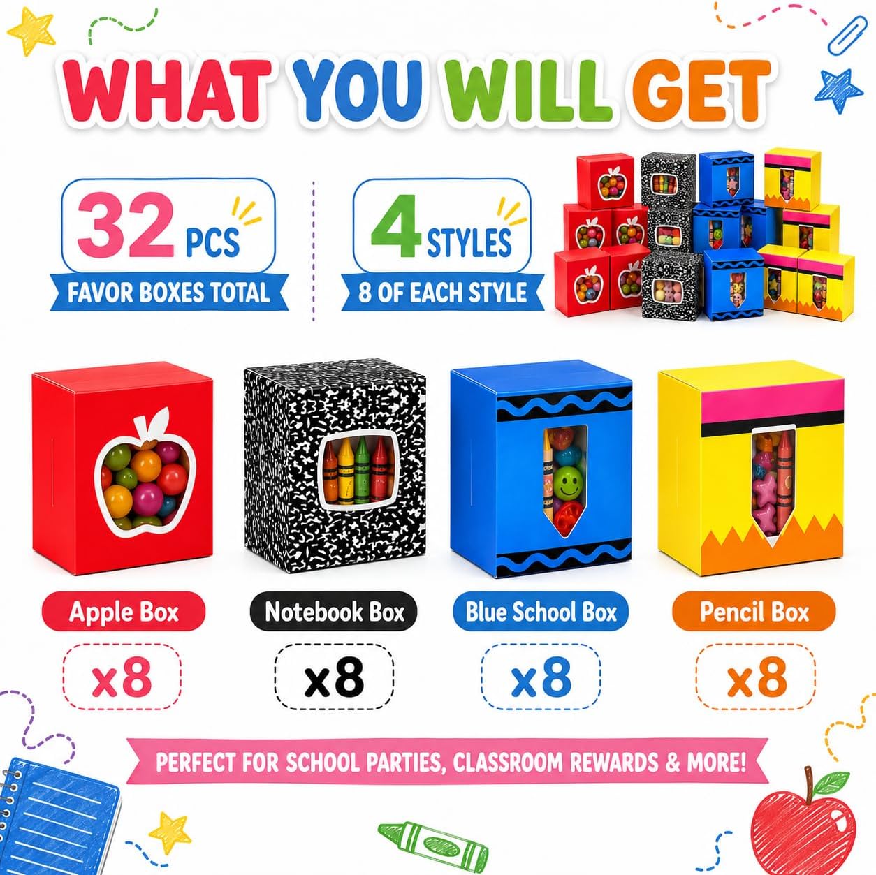 Noxglory 32 Pcs Back to School Snack Boxes with Window 4 Style Pencil Crayon Noyebook Apple Cookie Boxes First Day of School Paper Candy Favor Boxes for Preschool Classroom Party Decor Supplies