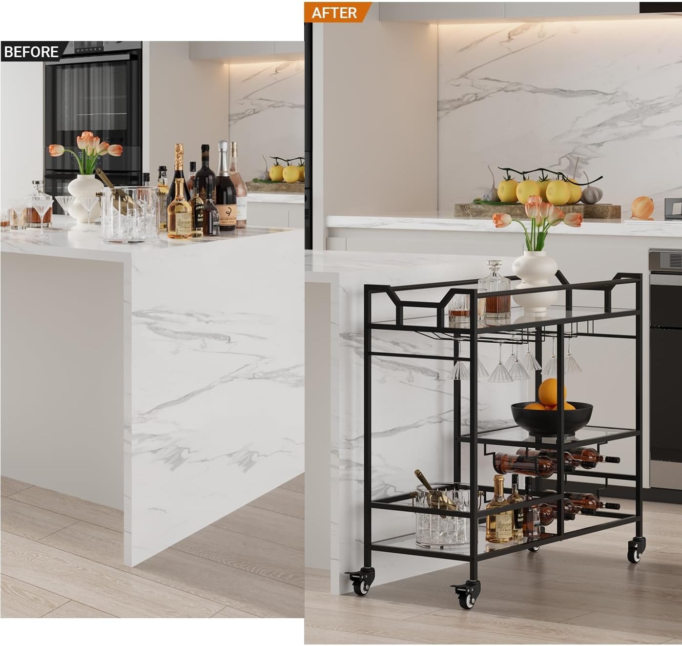 Black Bar Cart, Home Bar Serving Cart with Handle, Wine Cart with 3-Tier Glass Shelves, Beverage Cart with Wine Rack and Glass Holder, Bar Carts for The Home, Dining Room