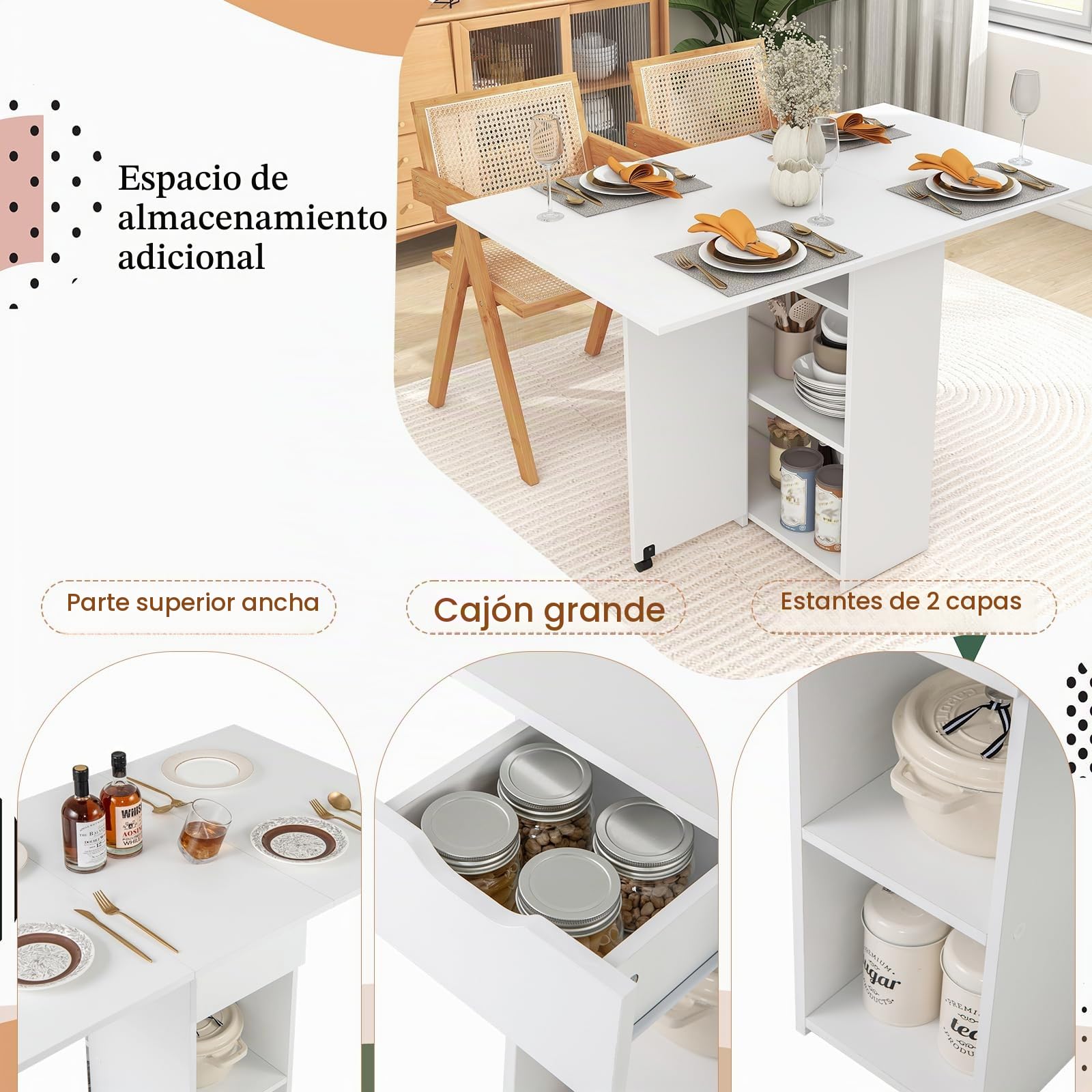 LIFEZEAL Mesa de Comedor Plegable 3 en 1, 120x77cm, Mesa de Cocina para 4-6 Personas, Mesa Extensible con 2 Ruedas, 1 Cajón, 2 Estantes, para Comedor, Sala de Estar (Blanco)