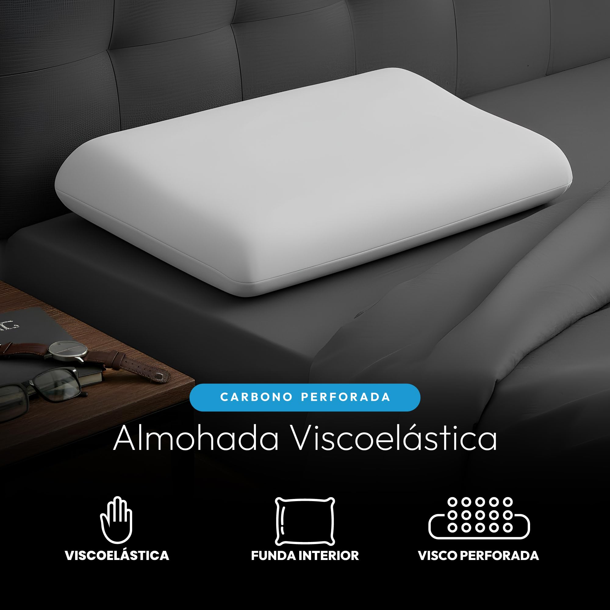 Almohada Viscoelastica 70 Pack 2, Almohada Cervical y Almohadas Cervicales para Dormir, Almohada Antironquidos para Cervicales y Cuello, Pillow Ergonómica con Carbón Activo Fabricada en España