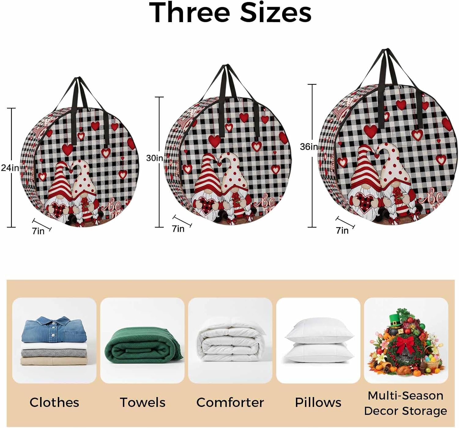 Valentine's Day Round Storage Bag 36 Inch, Be Mine Love Gnome Red Heart Rose Floral Black White Plaid Clothes Storage Container with Handles Heavy Duty Organizer for Comforter, Bedding&Holiday Wreaths