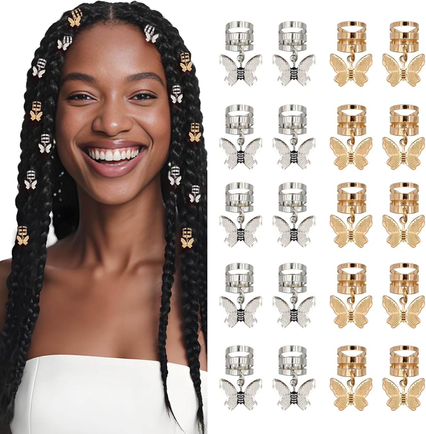 Gaiett 20Pcs Gold silver Butterfly Braid Clips Hair,Hair Jewelry for Women Braids,DreadLock Beads Hair Decorations Aluminum Rings Clips Adjustable Metal Cuffs Braiding Hair Accessory
