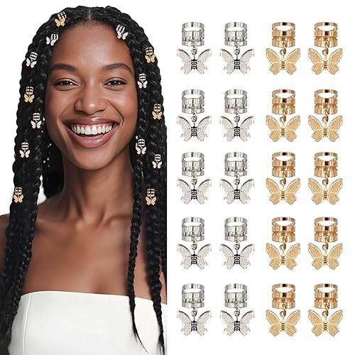 20 brazaletes de mariposa dorados y plateados para trenzas, rastas de mujer, anillos de aluminio, clips de metal ajustables, decoraciones para el