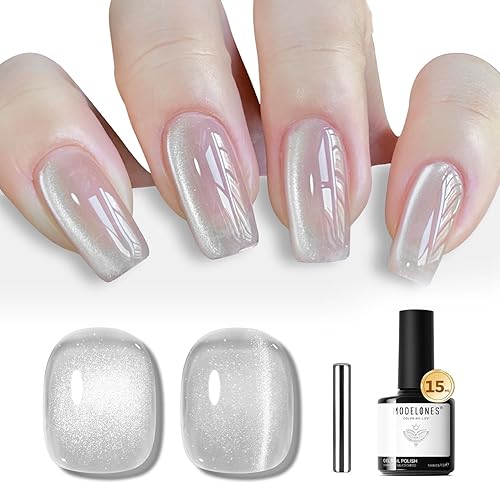 Miniatura 16 de Modelones – Esmalte de gel rosa claro efecto ojo de gato con purpurina holográfica tipo jelly glass, 0.51 onzas líquidas, brillo reflectante