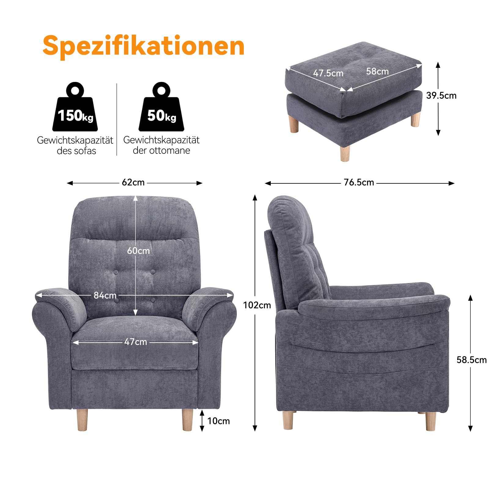 COMHOMA Relaxsessel Fernsehsessel mit Liegefunktion, Liegesessel mit Hocker & 4 Verstellbarer Rückenlehne, Polstersessel Stoff Einzelliegesessel Wohnzimmer Schlafzimmer Heimkino, Chenille, Grau