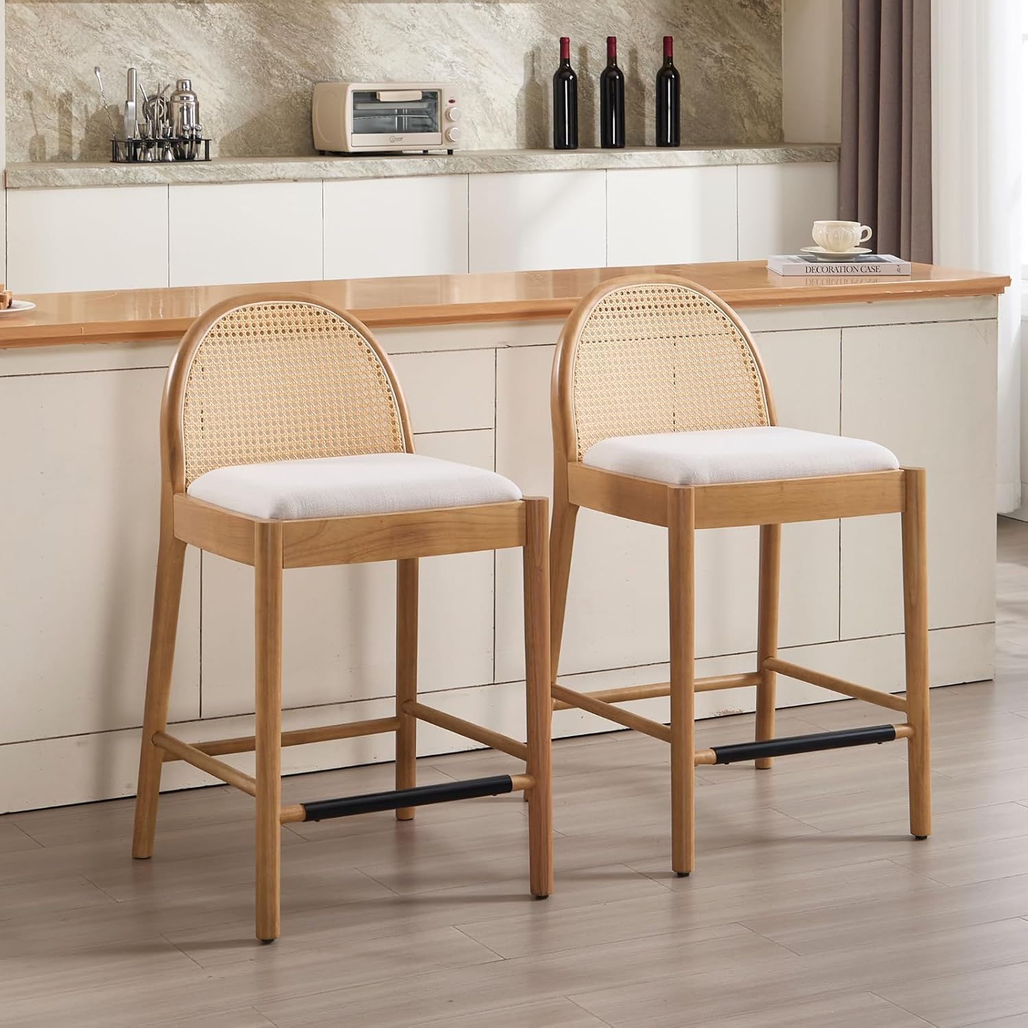 HEAH-YO 26 Inch Rattan Counter Height Bar Stools Set of 2, Upholstered Linen Fabric Bar Stools with Backrest and Solid Wood Legs, Modern Kitchen Island Stool for Dining Room Home Bar, Beige