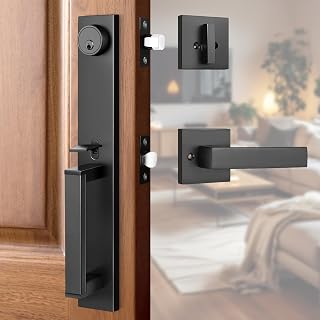 1 Pack Matte Black Exterior Door Lock Set, Front Door Handle and Deadbolt Set, Modern Heavy Duty Full Escutcheon Entry Door Handleset, Adjustable & Reversible for Right & Left Handed Doors