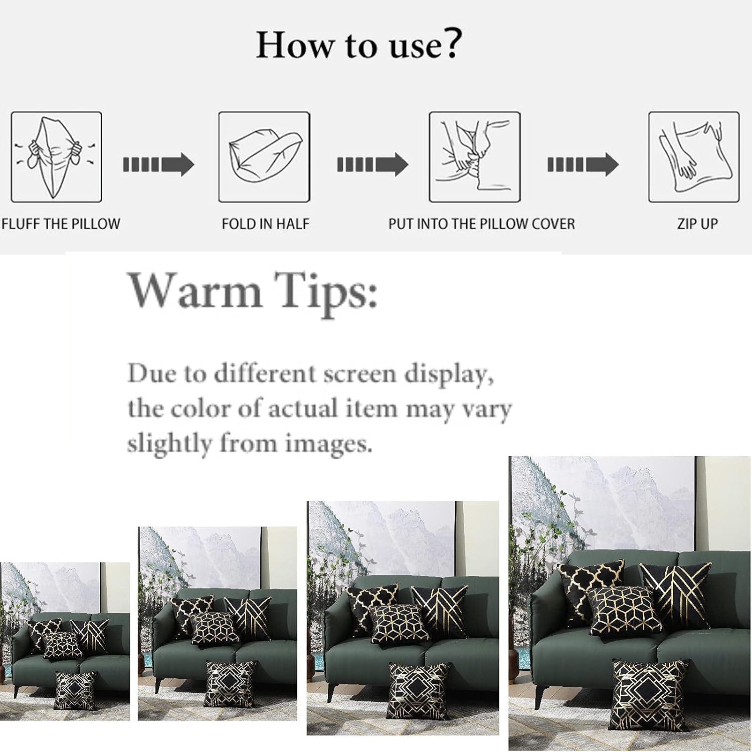 ZLINA Home Decorative Set of 4 Throw Pillow Covers Gold Foil Pillow Covers 18 ×18 Inch Geometric Square Cushion Covers Decor Couch Sofa Bedroom(Black and Gold) - Image 6