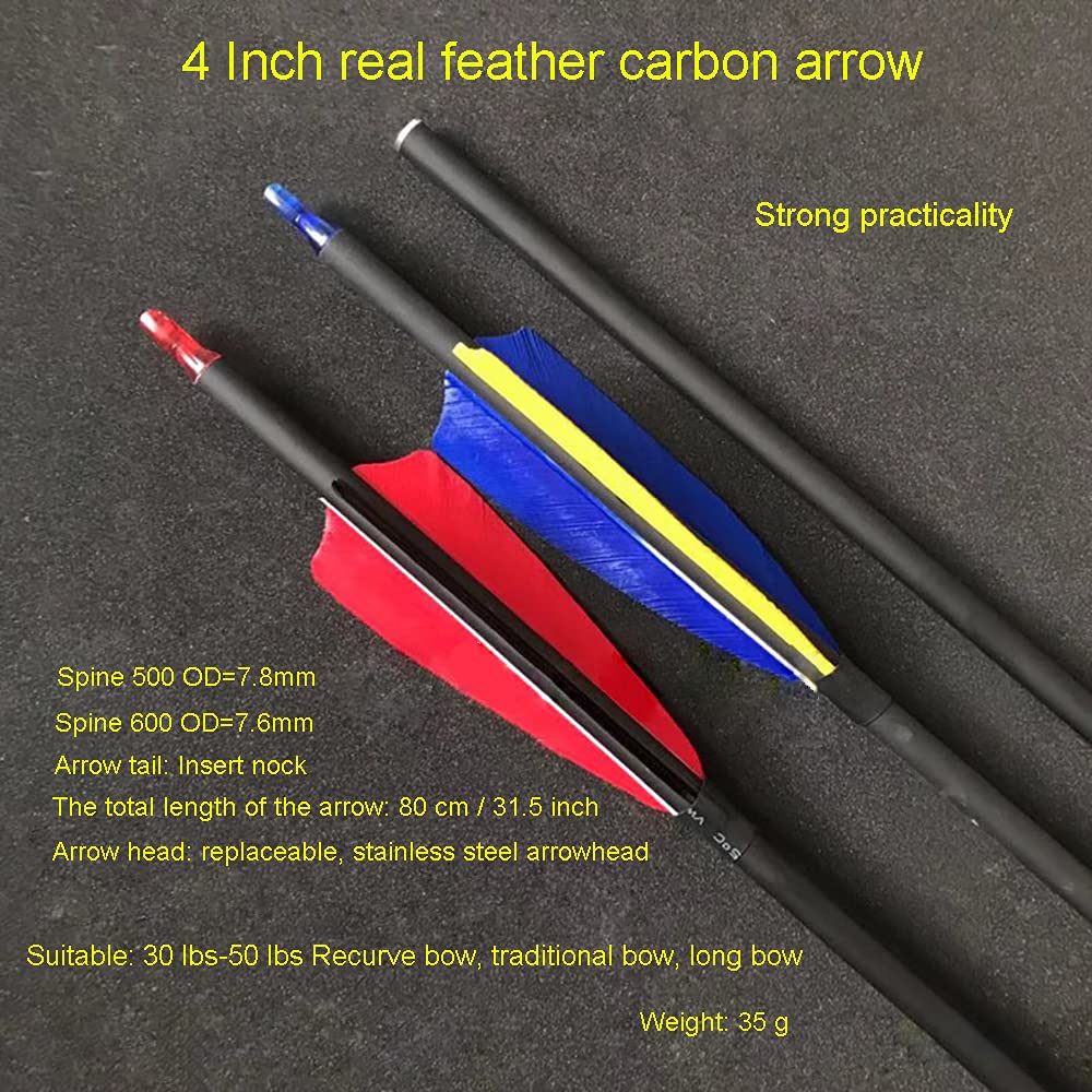 ACCMOS Tiro con L'Arco Frecce da Caccia 30" Freccia in Carbonio ID 6,2 mm Spine 500 600 Freccia Pratica 4" Piuma di Tacchino Punte a Vite Rimovibili, per Arco Composto Arco Ricurvo Arco Lungo