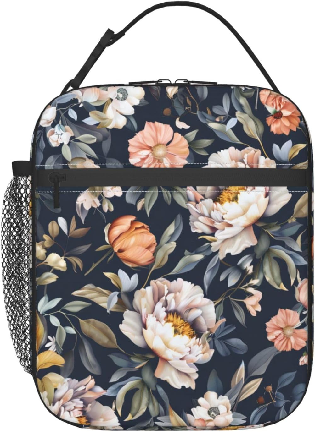 Reusable Floral Lunch Box for Kids Girls Boys Women Adult, Insulated Peony Lunch Bag,Polyester Cooler Flower Handbags Case for School Picnic Work Travel Beach or Hiking (Dark)