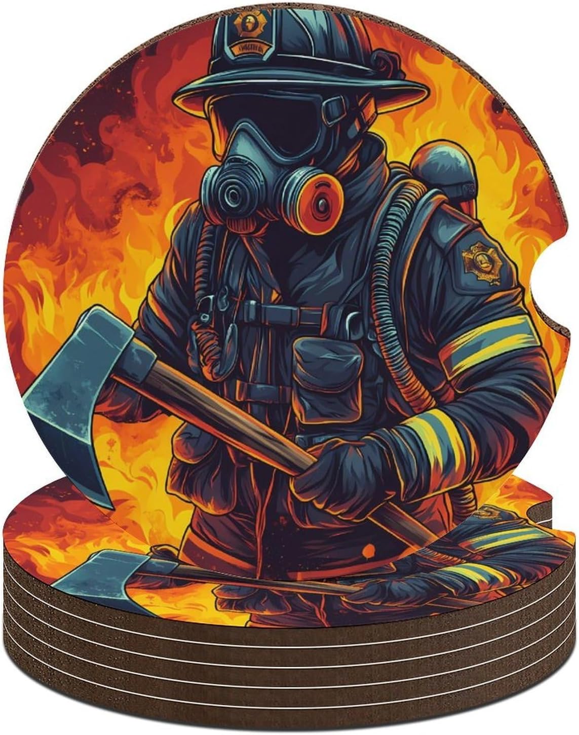 Firefighter Holding an Axes Car Cup Holder Coaster with Cork Base 2.6 Inches Anti Slip