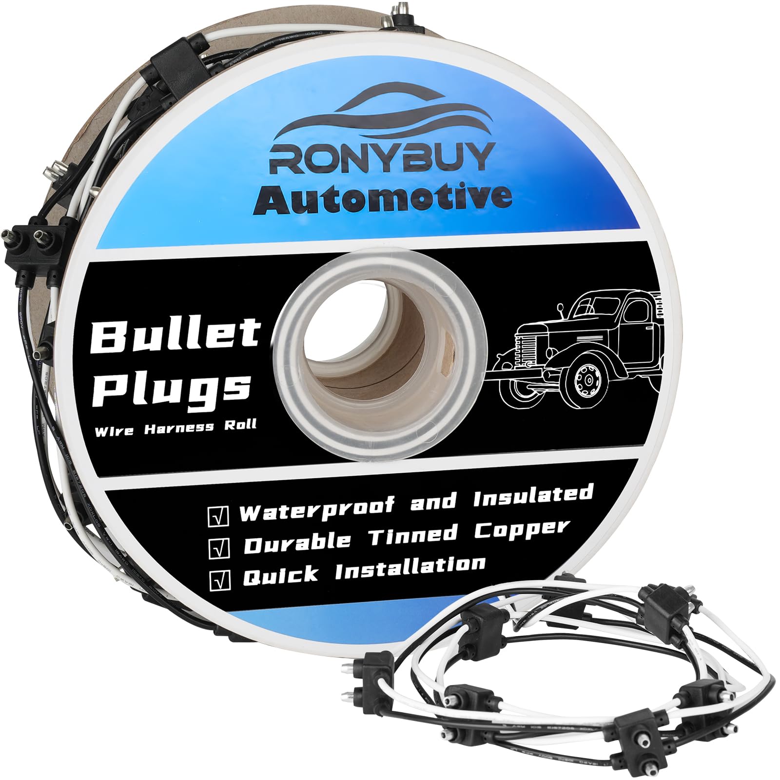 Ronybuy 20x 2 Wire Pigtail Double Male Bullet Plugs Roll, 18 Gauge 2 Prong Wire Harness for Clearance Side Markers Trucks Trailers, Continuous 20
