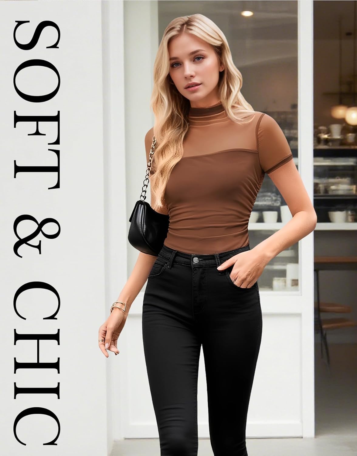 Jenbou Mesh Top Women Mock Turtleneck Short Sleeve Tops Ruched Sexy Going Out Outfit Shirts - Image 6