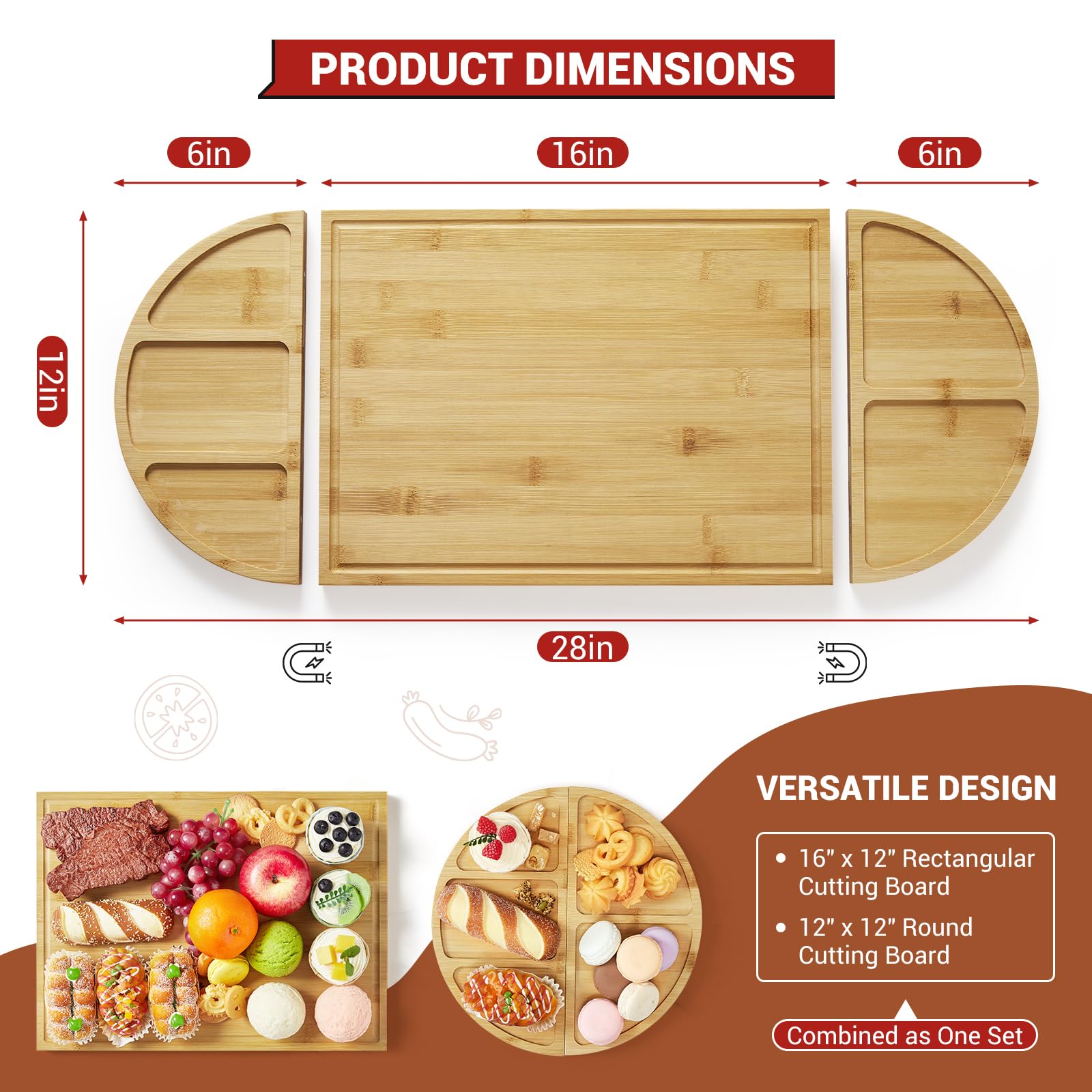 Garvee Lot de 3 planches à découper magnétiques en bambou – Planche apéritif/assortiment & fromage, ample surface – Rainure à jus profonde – Compartiments intégrés – Plateau de service