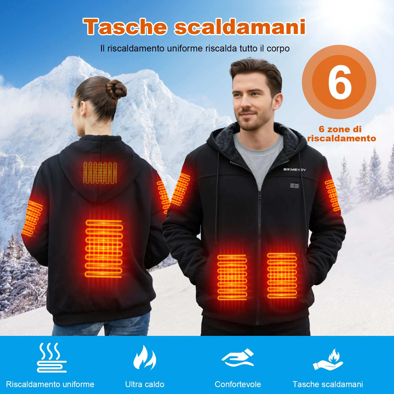 Giacca con Cappuccio Riscaldante con Cerniera e Interno in Pile per Uomo e Donna - Giacca Termica Intelligente 6 Zone, 3 Livelli di Calore - Batteria 7.4V 20000mAh per Outdoor, Campeggio