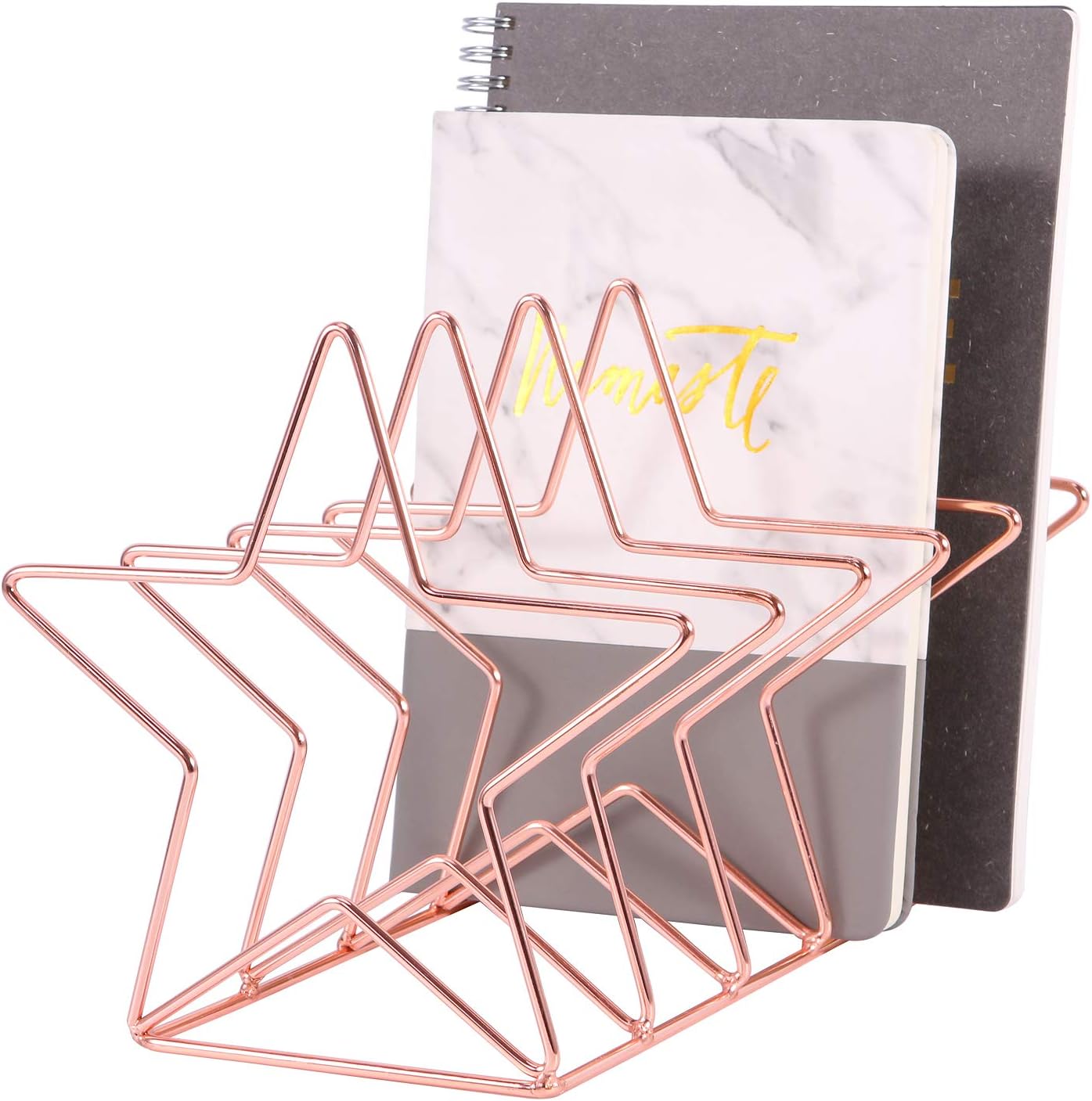 Simmer Stone Magazine Holder File Sorter, Metal 5 Slot Desk Organizer Rack for Document, Folder, Letter and Book, Rose Gold, Pentastar Shape