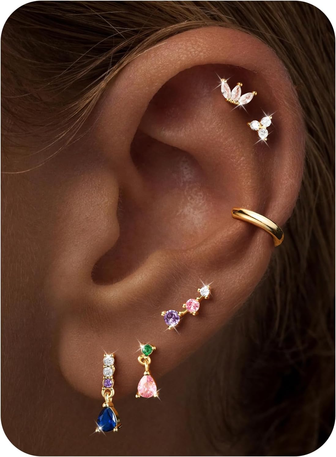 M MOOHAM Hypoallergenic Earring Stacks for Sensitive Ears Women - 6 Pairs Flat Back Studs Hoop Earrings 14K Gold Plated 316L Surgical Steel Earring Sets for Multiple Piercing Jewelry Gifts