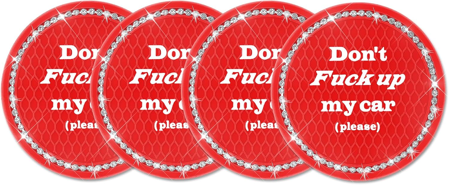 4 Packs Bling Car Cup Holder Coaster, 2.75 Inch Anti-Slip Auto Insert Cup Coaster, Crystal Rhinestone Auto Drink Cup Mat for Women Girls, Universal Car Accessories for Most Vehicles (Red)