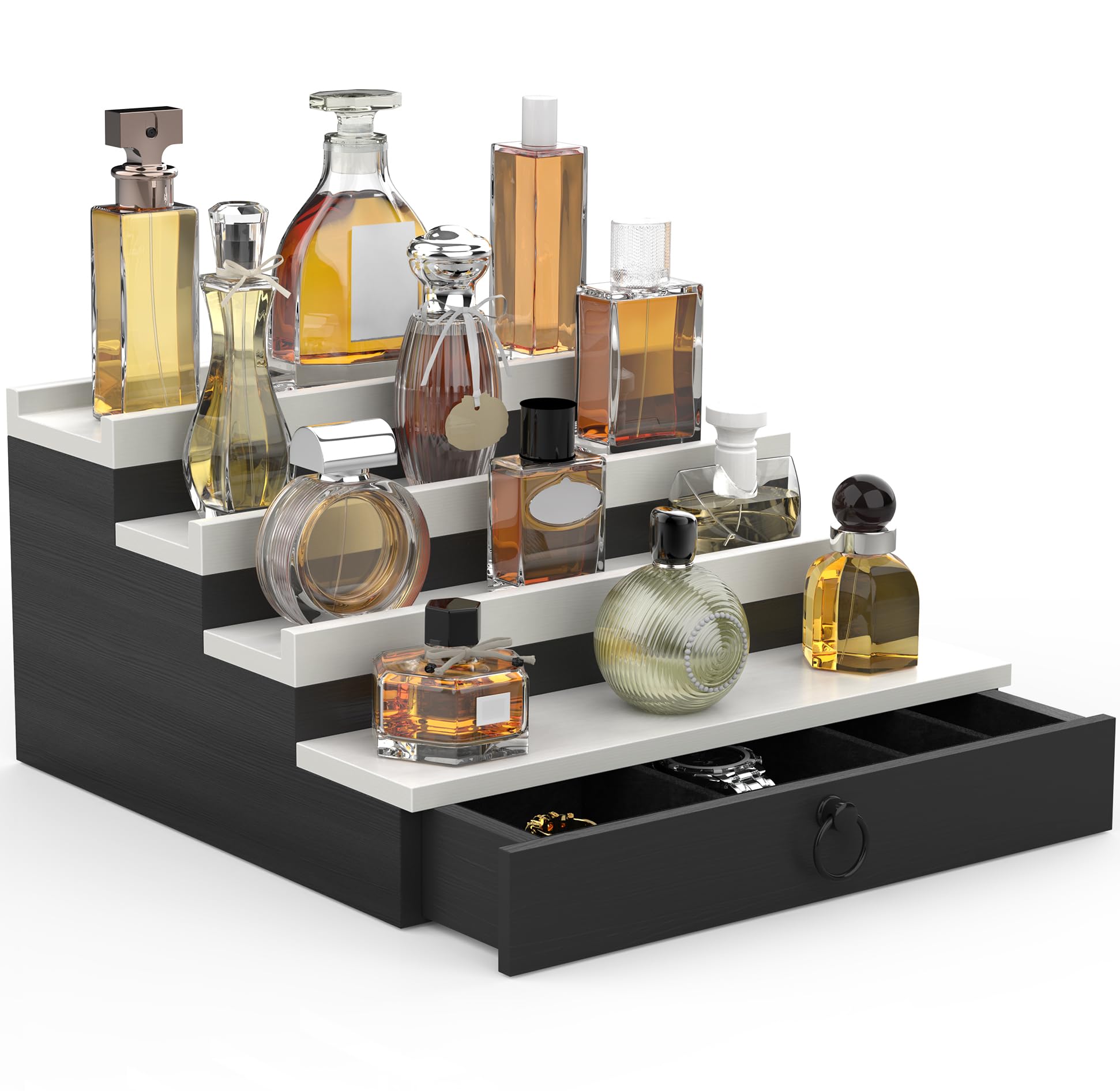 upcessory Cologne Organizer for Men 4 Tier Black Wood Perfume Organizer with Felt Lining Drawer and Hidden Compartment