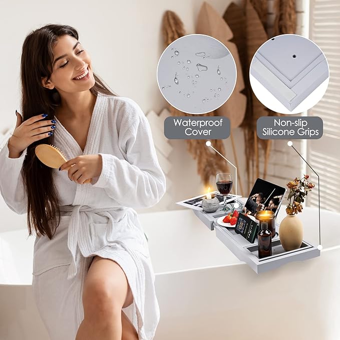 Bandeja Plegable para Bañera de Bambú con Soporte para Vino y Teléfono miniatura 6