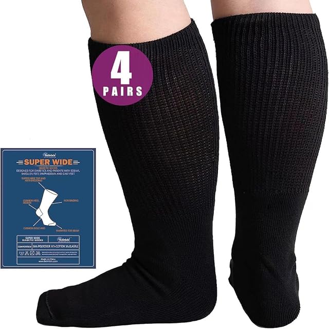 Bulinlulu Extra Width Socks for Swollen Feet-4 Pairs Bariatric Hospital Socks Lymphedema Diabetic Socks for Women Men 13-15
