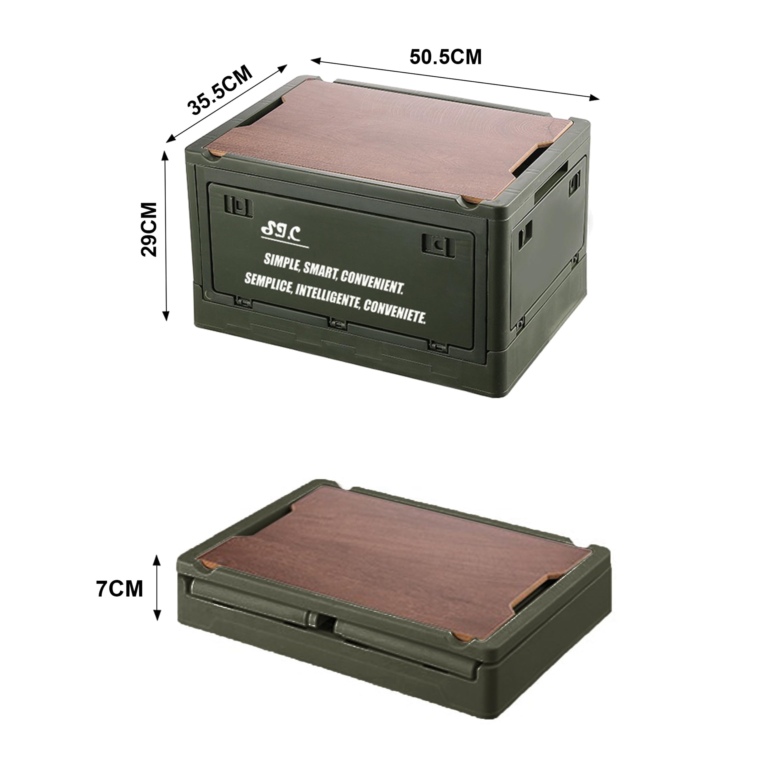 S.I.C Faltbare Aufbewahrungsbox mit Holzdeckel, Klapptisch, Campingtisch, Aufbewahrungsbox, für Schrank, Haus, Auto, Reisen, Camping, Picknick, 2 x 51 l, dunkelgrün