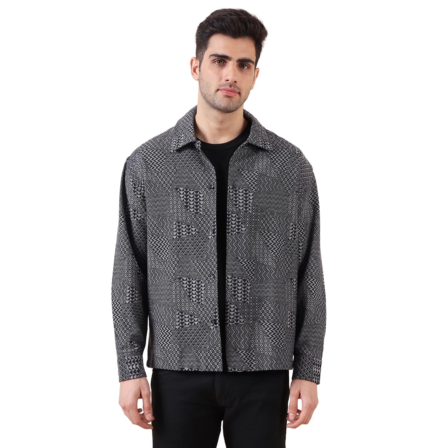 Men’s Oversized Shacket,Cotton Jacquard, Long Sleeve Button Down Collared Shirt, Long Fit, Stylish Casual Outerwear, Jacket for Men – Black & Grey