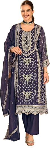 INDO ERA Women's Organza Ethnic Motifs Solid Straight Kurta &amp; Pant with Dupatta Set (IEOUT11780)
