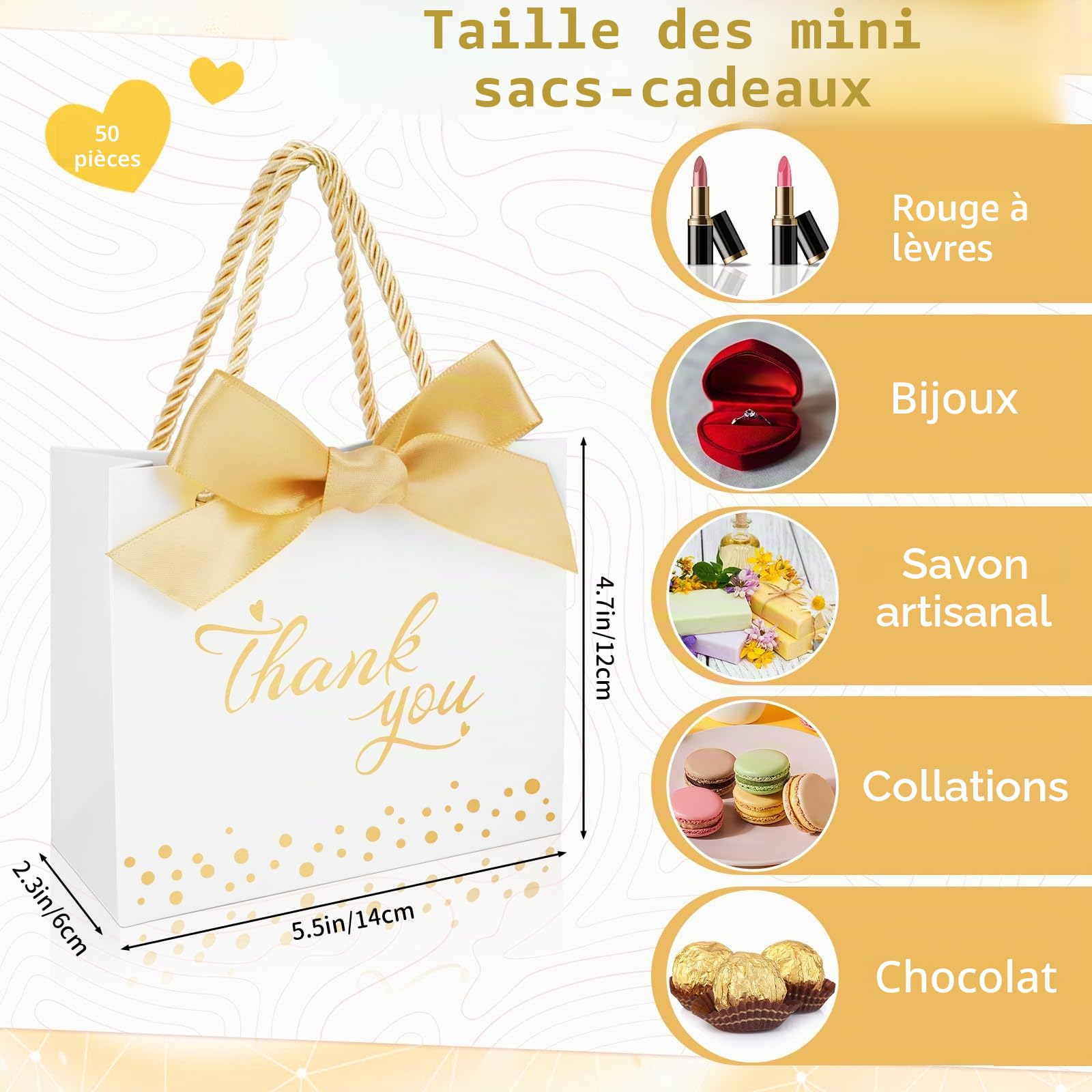 100 Pièce Thank You Sac Cadeau Sachet en Papier avec Poignées et Ruban Doré | Blanc Thank You Pochette Cadeau, Créative Petit Thank You Sacs Cadeaux pour Anniversaire Mariage Baptême Baby Showers Fête