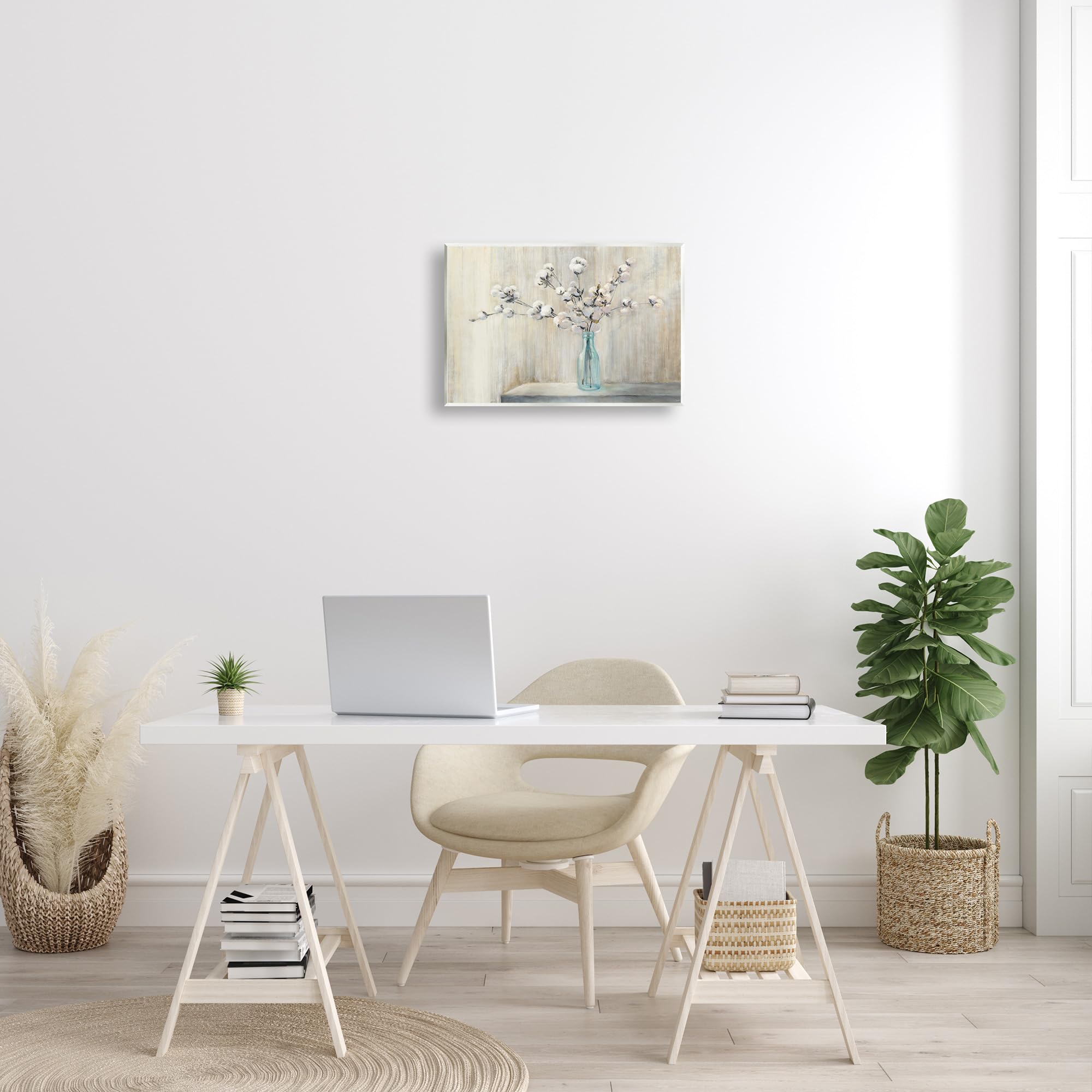 Stupell Industries Beautiful Cotton Flower Grey Brown Painting Carteles y Placas, Madera MDF, Multicolor