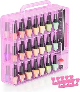 Beloving Nail Polish Organizer Case for 48 Bottles with Adjustable Divider, Double Side Nail Polish Holder for Storage Display, Pink