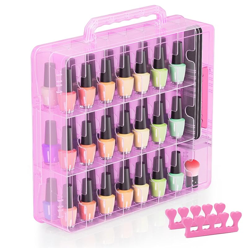 Beloving Maleta Organizadora para Esmaltes com 48 Compartimentos, Divisórias Ajustáveis e Dois Lados, Rosa