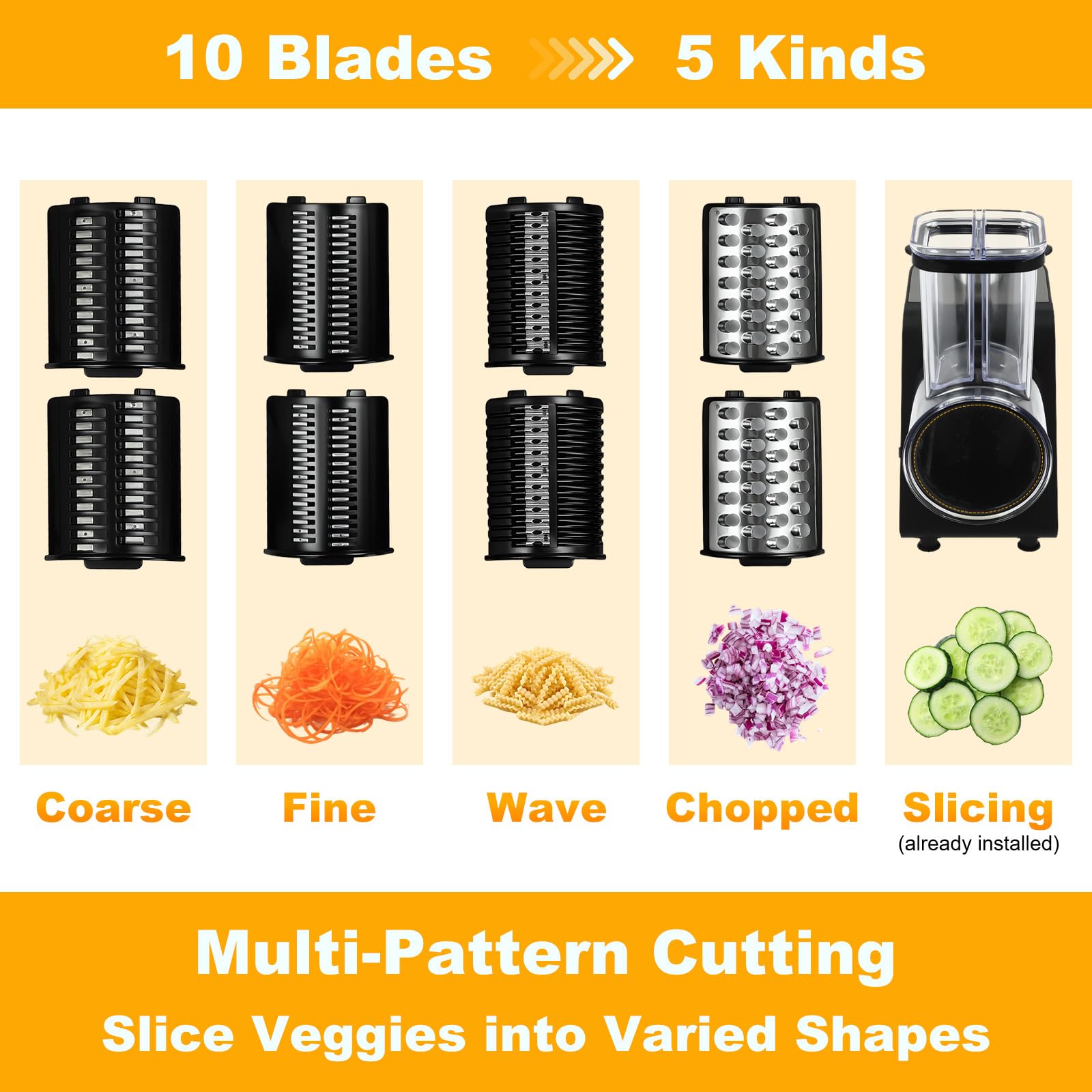 Grattugia elettrica per verdure, 1000 W, grattugia elettrica | Affettatrice elettrica per verdure con 10 lame, per casa, ristorante e hotel