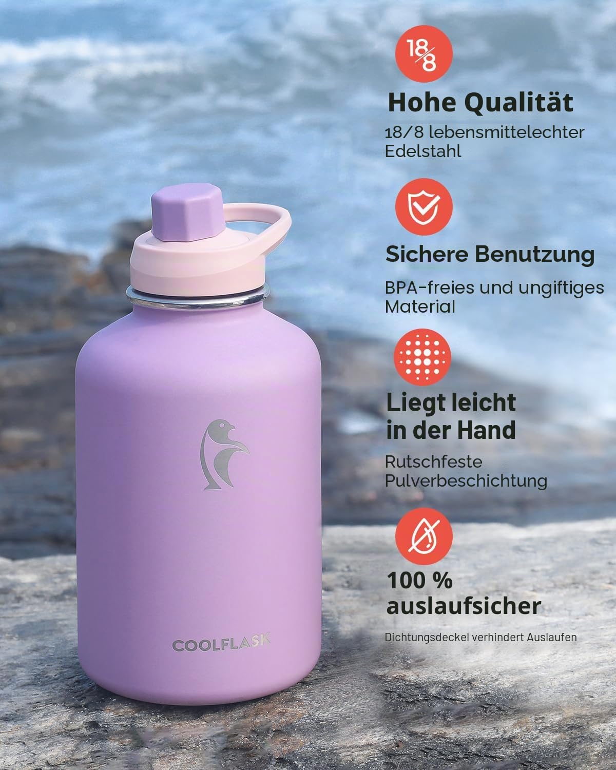 Coolflask Isolierte Wasserflasche mit PU-Lederhülle, 1,8 l Wasserflasche, Farbkontrast mit Strohhalm-Deckeln, großer Edelstahl-Krug, hält 48 Stunden heiß 24 Stunden kalt, lila