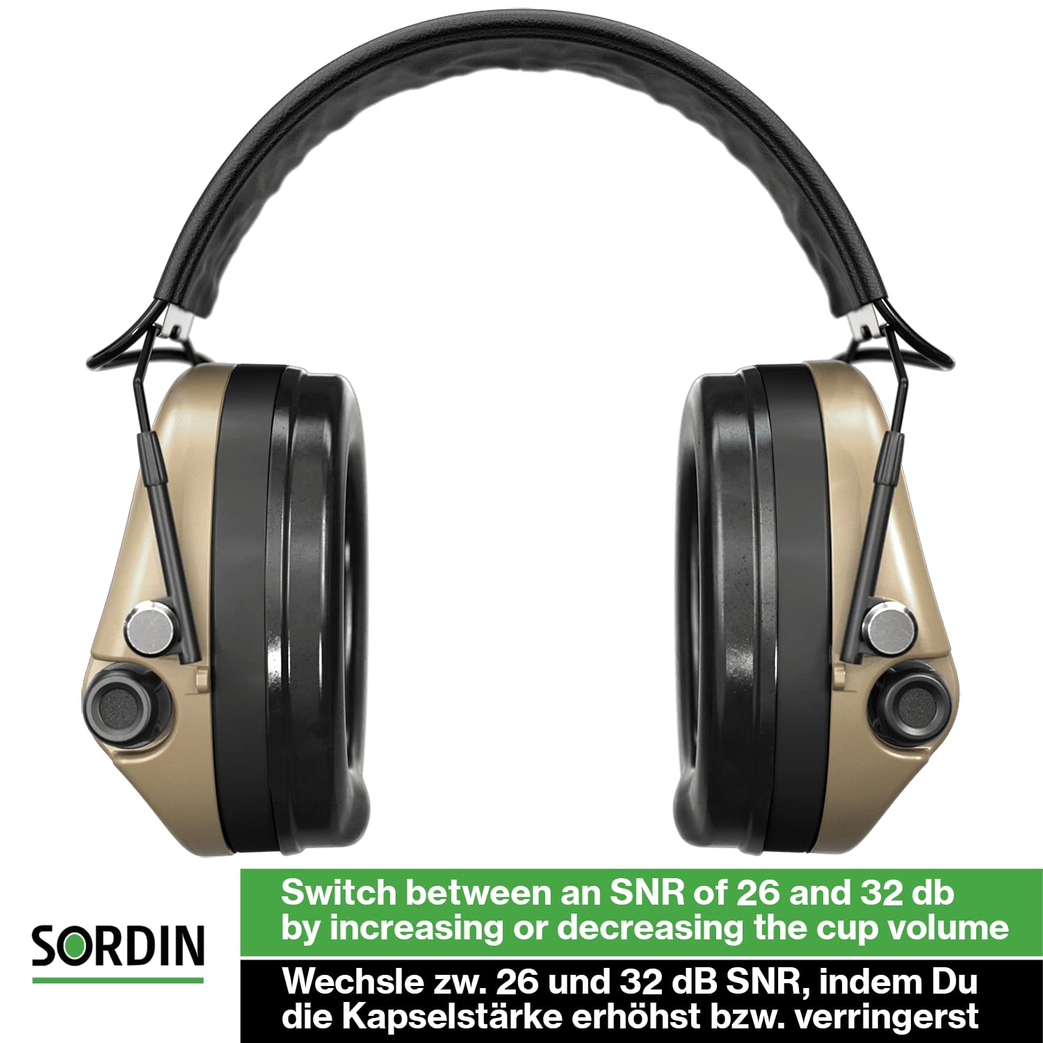 Sordin MIL SFA - Protección auditiva militar activa - 74508-05-S - 26-32 dB SNR gracias al anillo de aislamiento, Cápsulas beige, Talla única