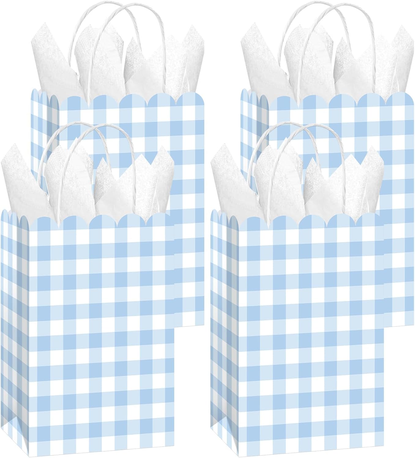 Yiaoyinnz 12 Pcs Blue Gingham Party Supplies Blue and White Plaid Party Favor Bags with Handles Light Checkered Treat Candy Goodie Bags for Wedding Birthday Baby Shower Picnic Favors