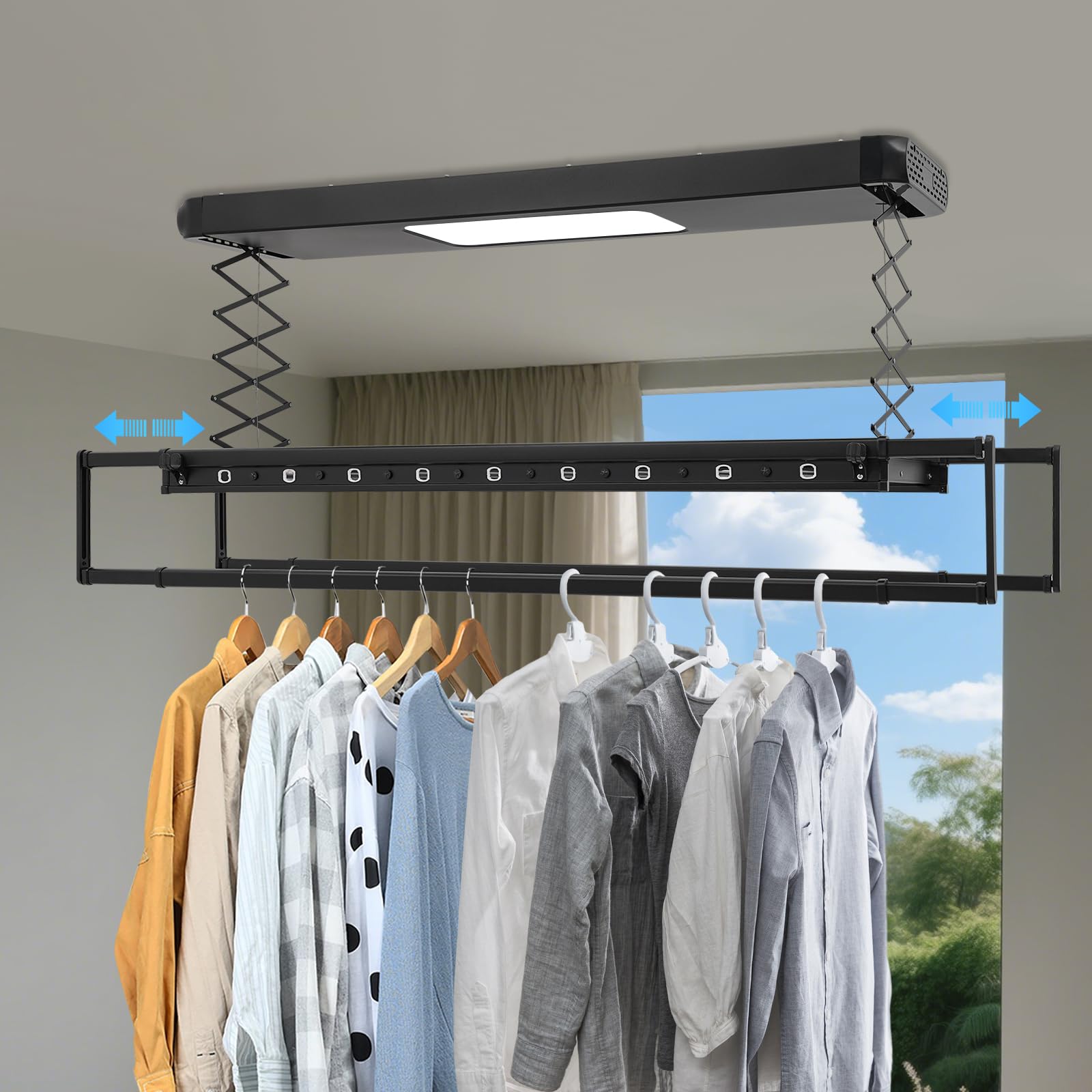 Stendibiancheria elettrica, supporto verticale da soffitto con illuminazione e telecomando, per parete e soffitto, pieghevole, salvaspazio, in alluminio e acciaio nero